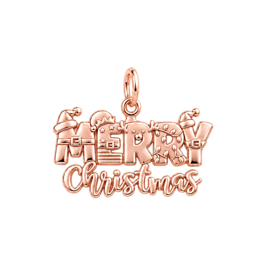 Festive Merry Christmas Charm Bracelet – Personalized Mom Gift – rose gold 2 cm charm, front view