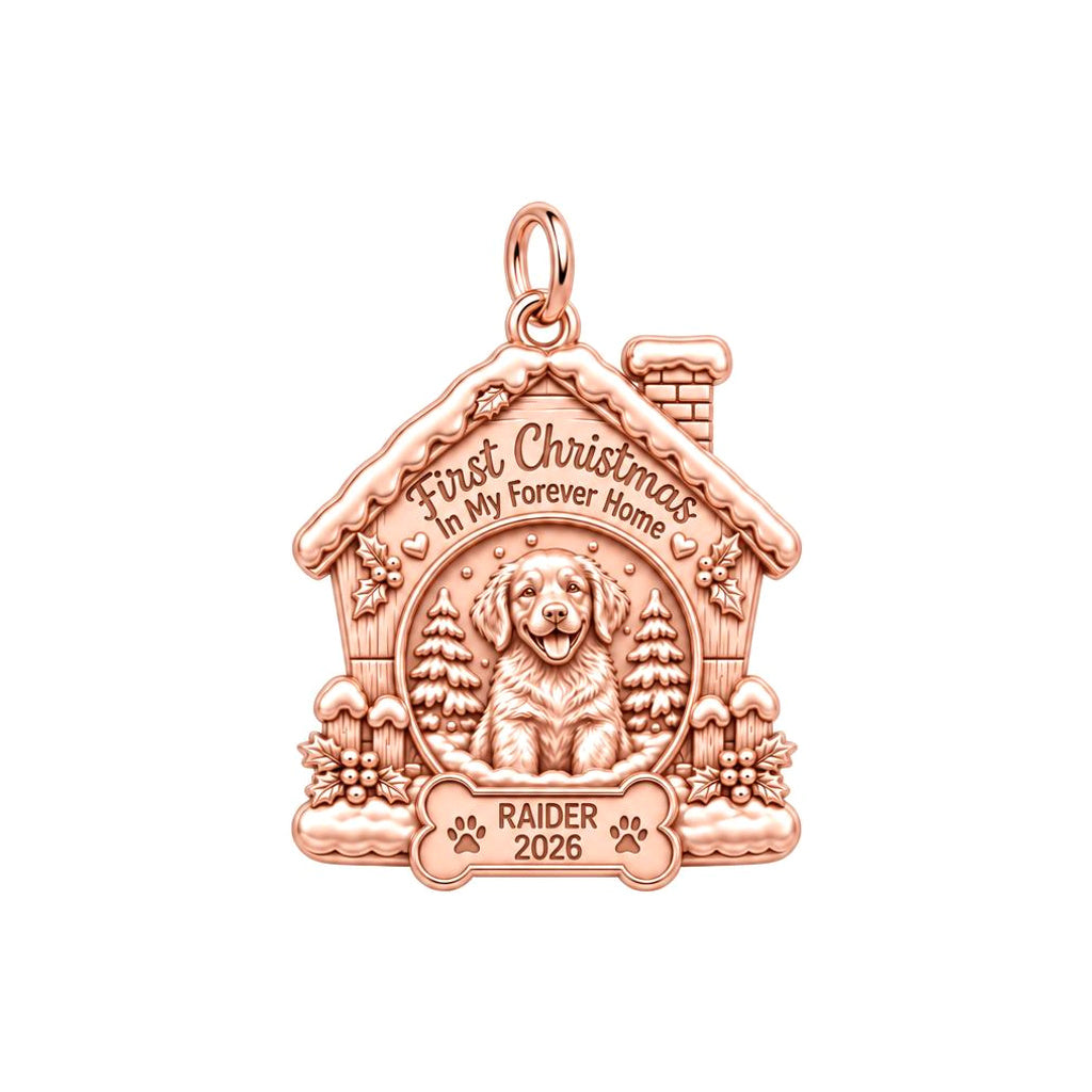 First Christmas Forever Home Charm Bracelet – Personalized Dog Mom – rose gold 2 cm charm, front view