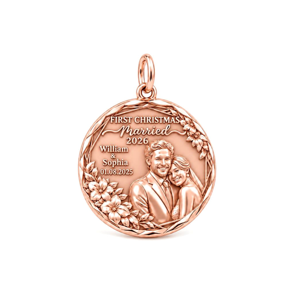 First Christmas Married Charm Bracelet – Personalized Couple Gift – rose gold 2 cm charm, front view