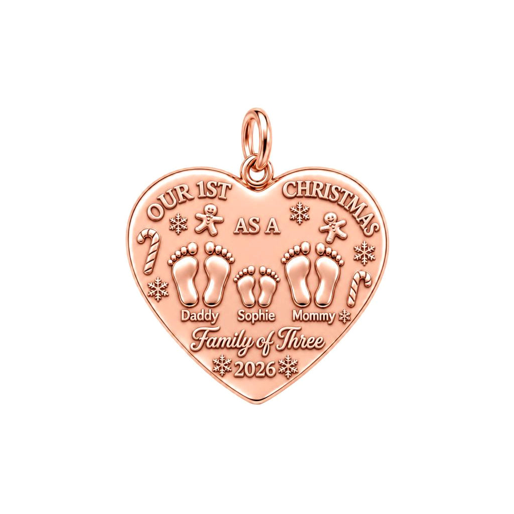 First Christmas Tiny Footprints Charm Bracelet – Personalized Mom Gift – rose gold 3 cm charm, front view
