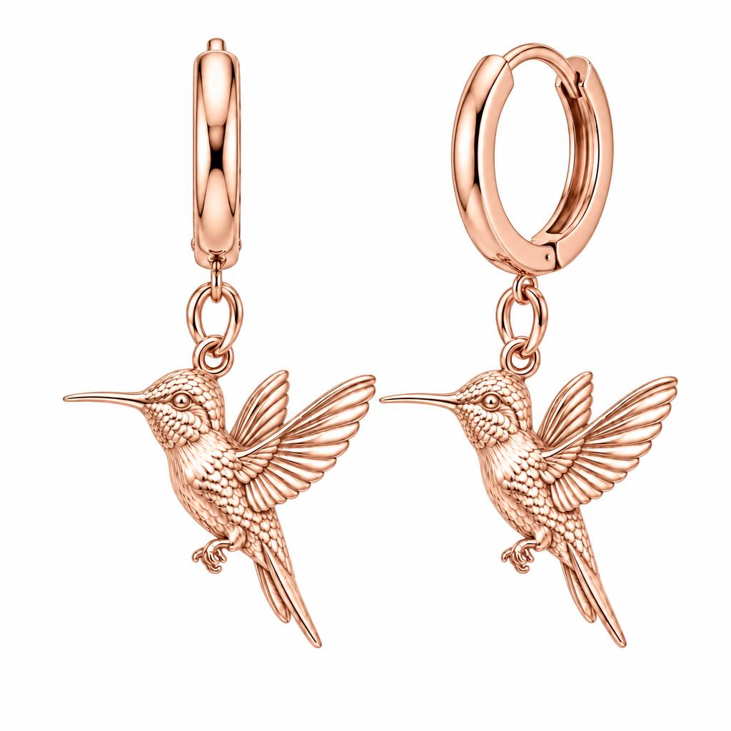 Flight of Grace Hummingbird Huggie Charm Earrings – rose gold, front view
