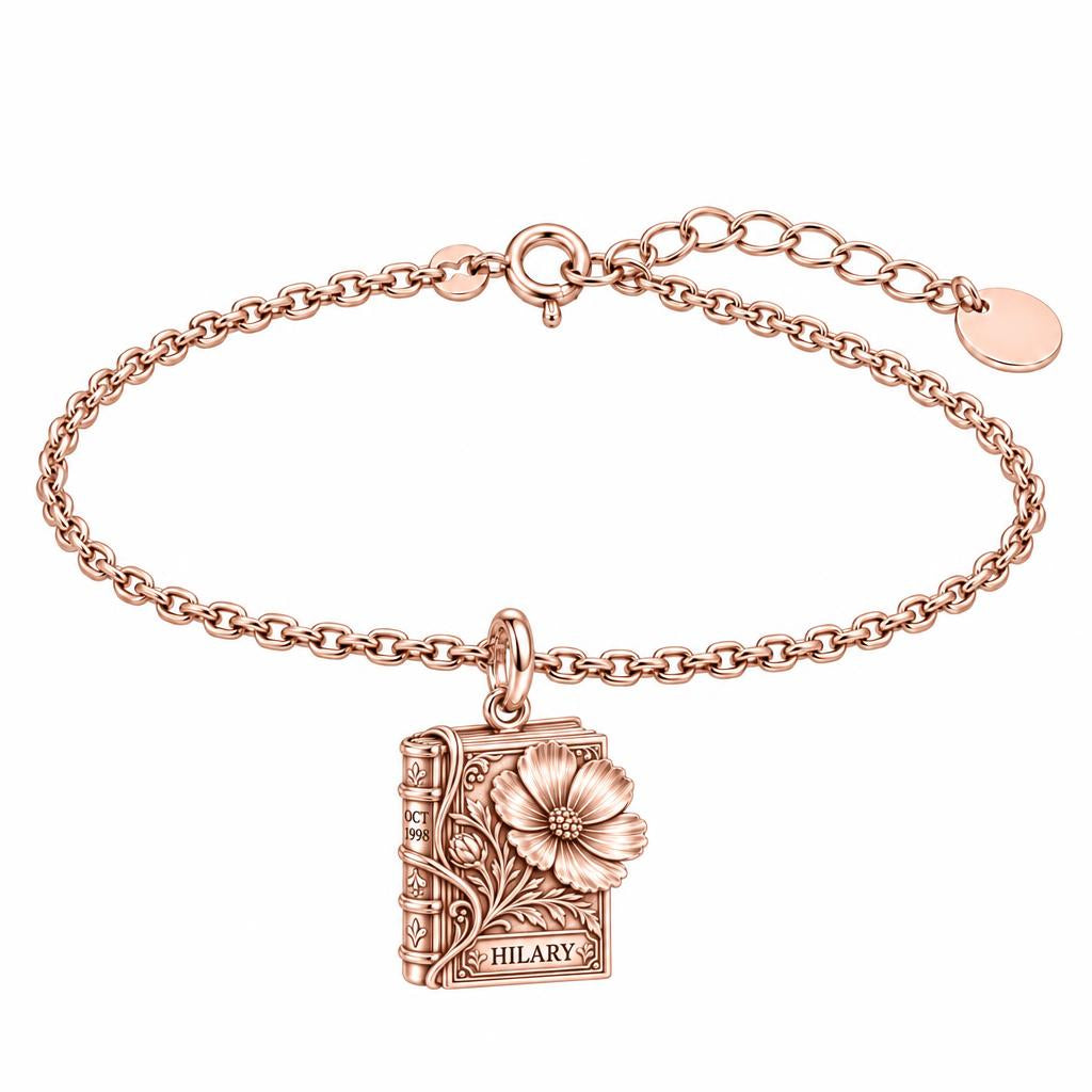 Floral Book Birthday 10 Charm Bracelet Set – rose gold, front view