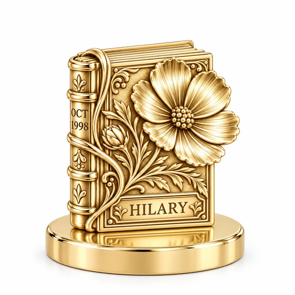 Floral Book Birthday 10 Keepsake Plaque – 18K gold, front view