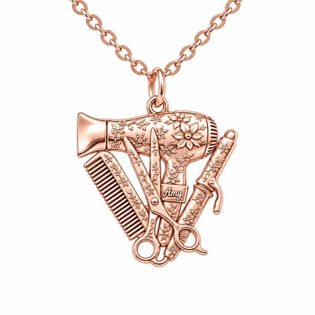 Floral Stylist Tools Charm Necklace Set – rose gold, front view
