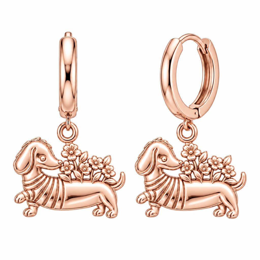 Floral Sweater Dachshund Huggie Charm Earrings – rose gold, front view
