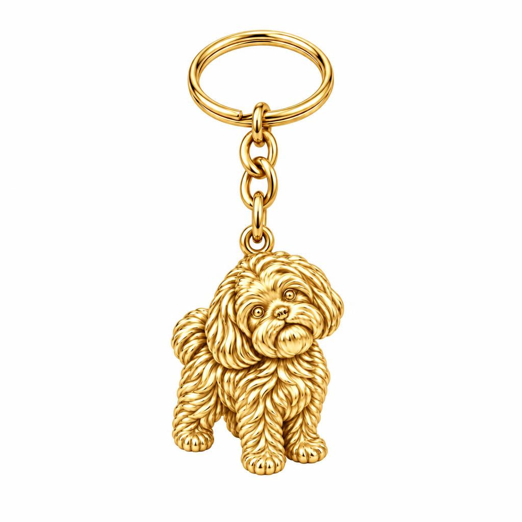 Fluffy Maltipoo Pup Charm Keychain – 18K gold, front view