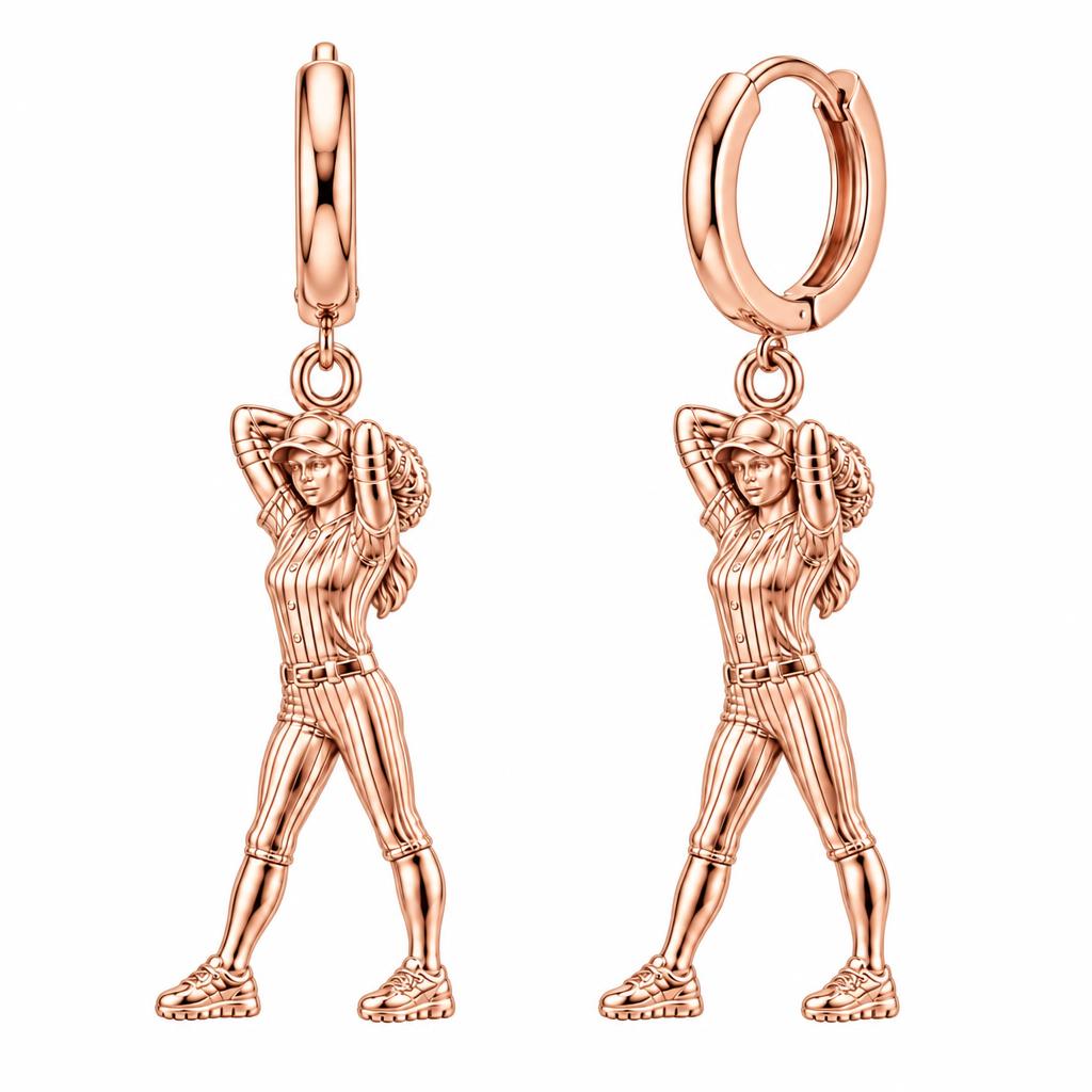 Game Day Pitcher Huggie Charm Earrings – rose gold, front view