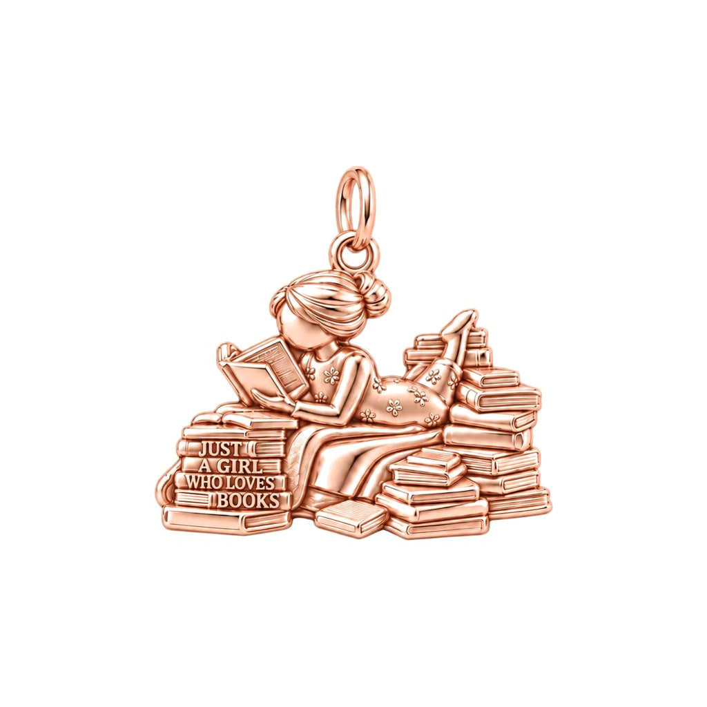 Girl Who Loves Books Charm and Polyester Cord Bracelet Set – rose gold 3 cm charm, front view