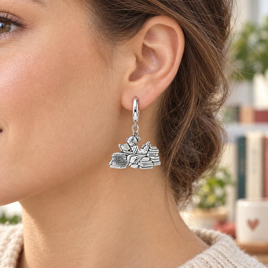 Girl Who Loves Books Huggie Charm Earrings – worn / in use