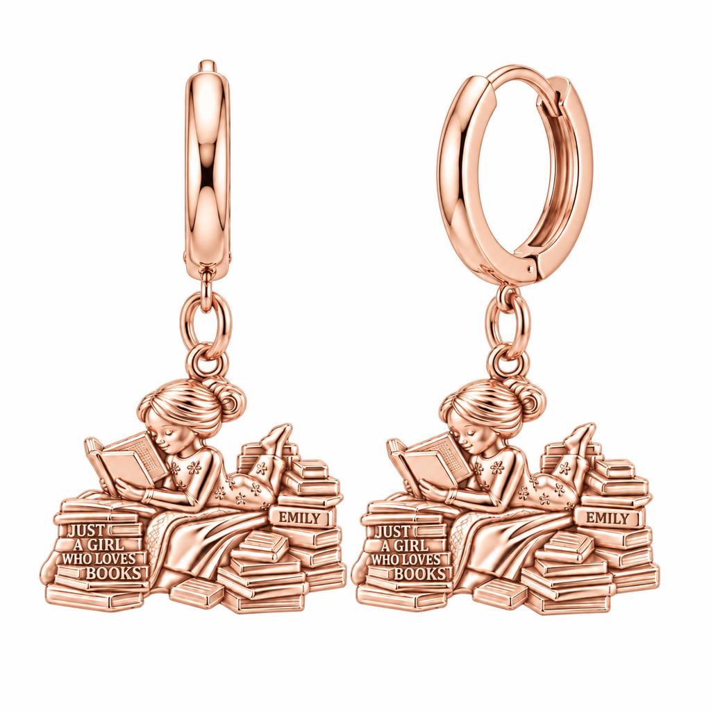 Girl Who Loves Books Huggie Charm Earrings – rose gold, front view