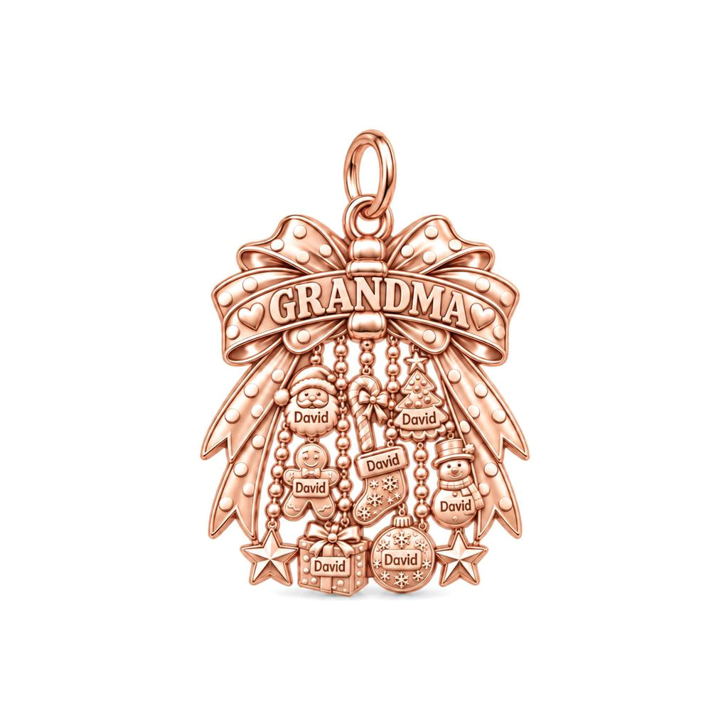 Grandma's Holiday Bow Charm Bracelet – Personalized Nana Gift – rose gold 2 cm charm, front view