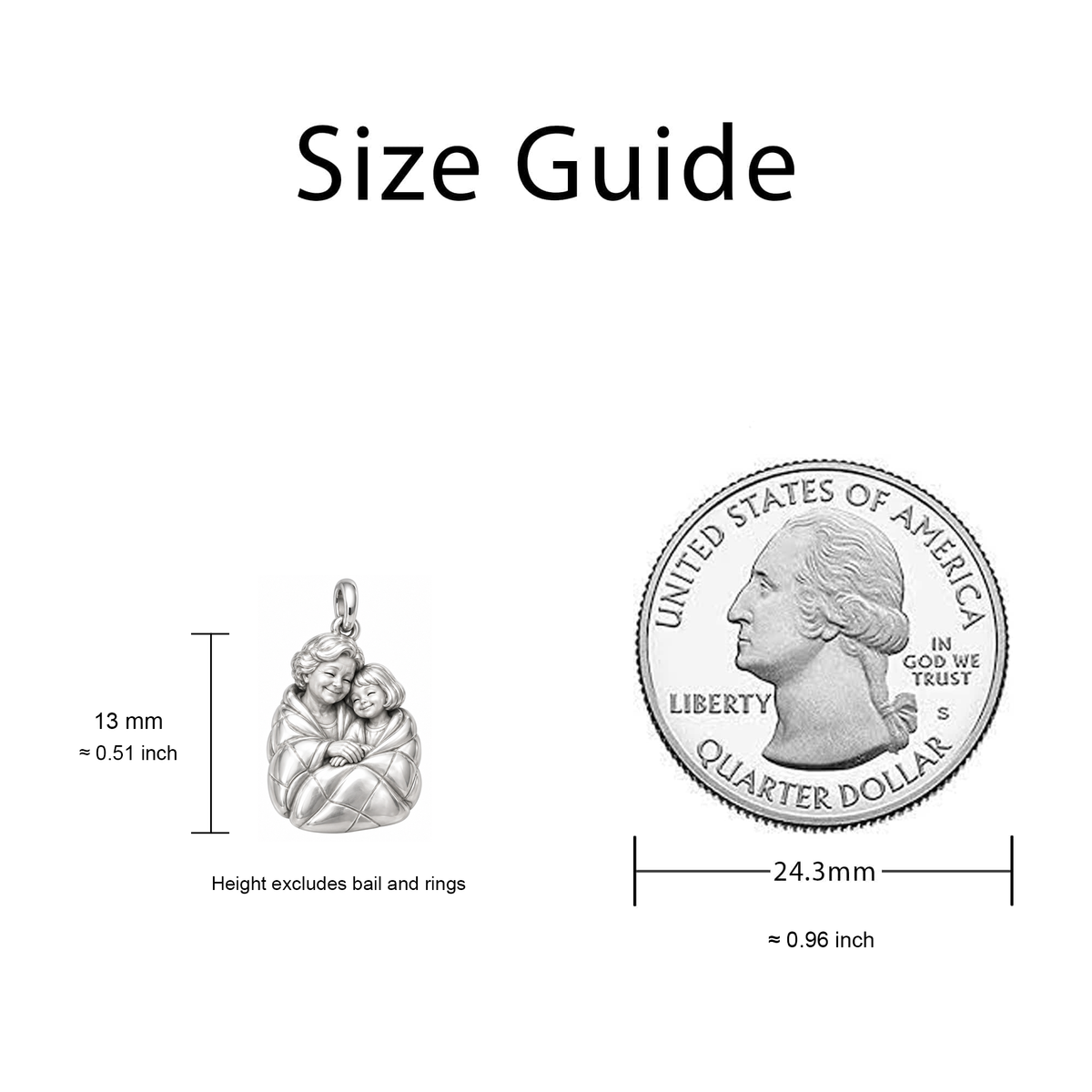 Grandma’s Cozy Blanket Charm size guide — 13 mm body excluding bail and rings; quarter diameter 24.3 mm