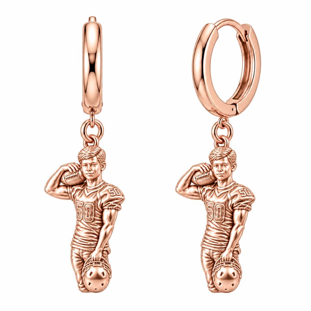 Gridiron Hero Photo Sculpt Huggie Charm Earrings – rose gold, front view
