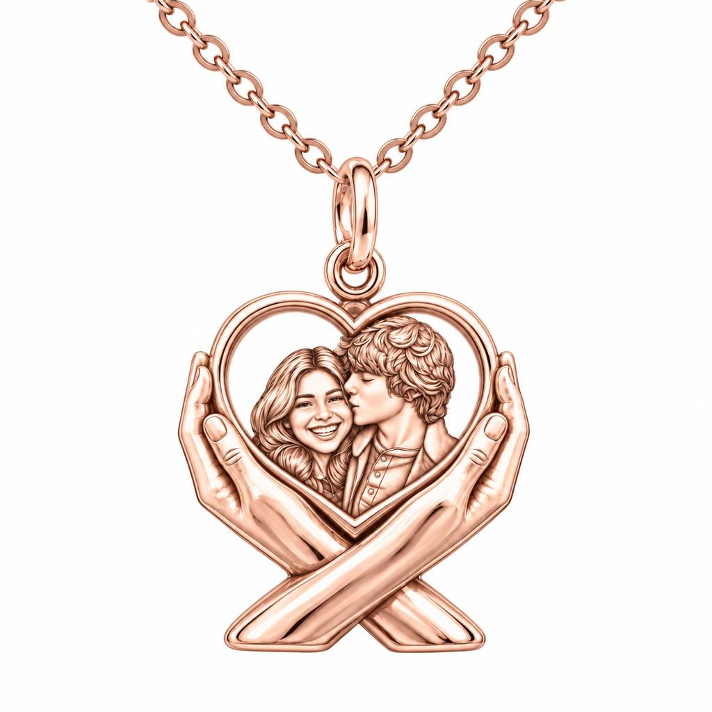 Hands Holding Heart Charm Necklace Set – rose gold, front view