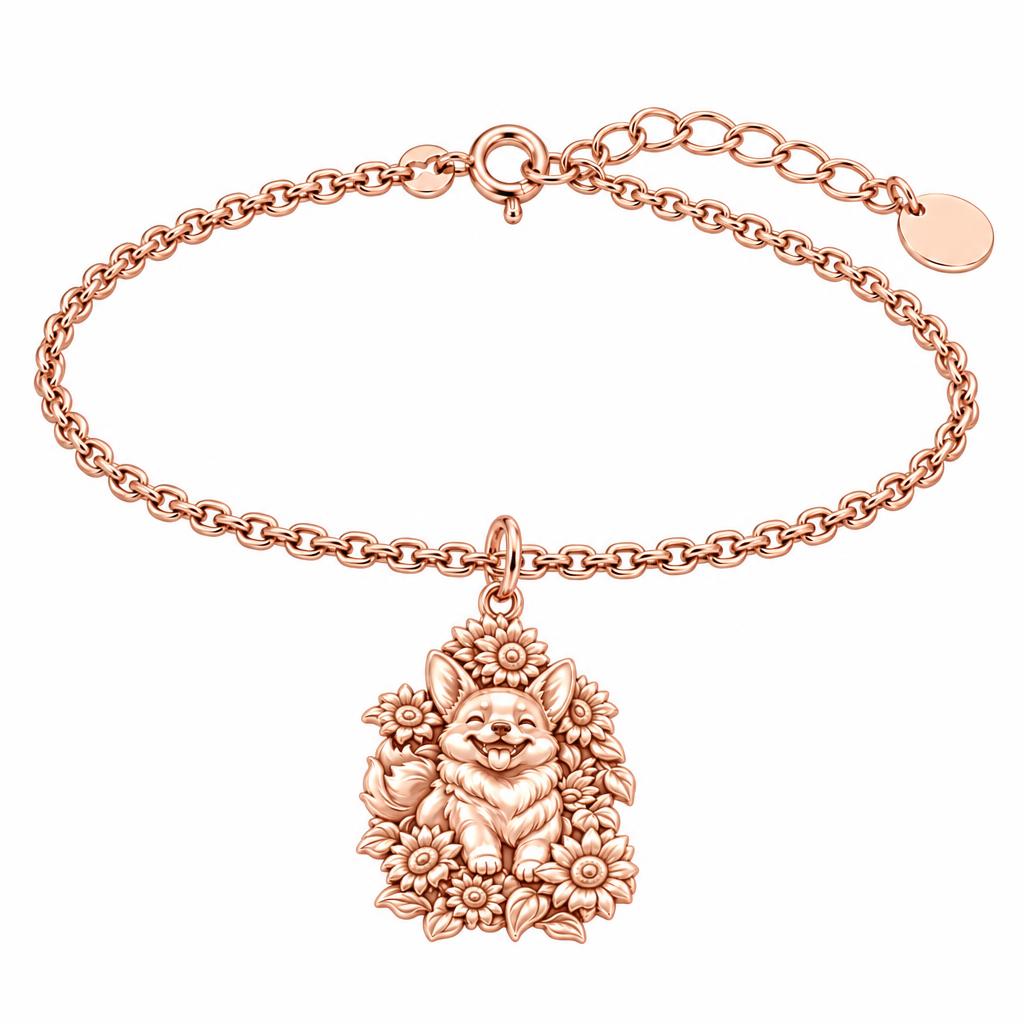 Happy Sunflower Corgi Charm Bracelet Set – rose gold, front view