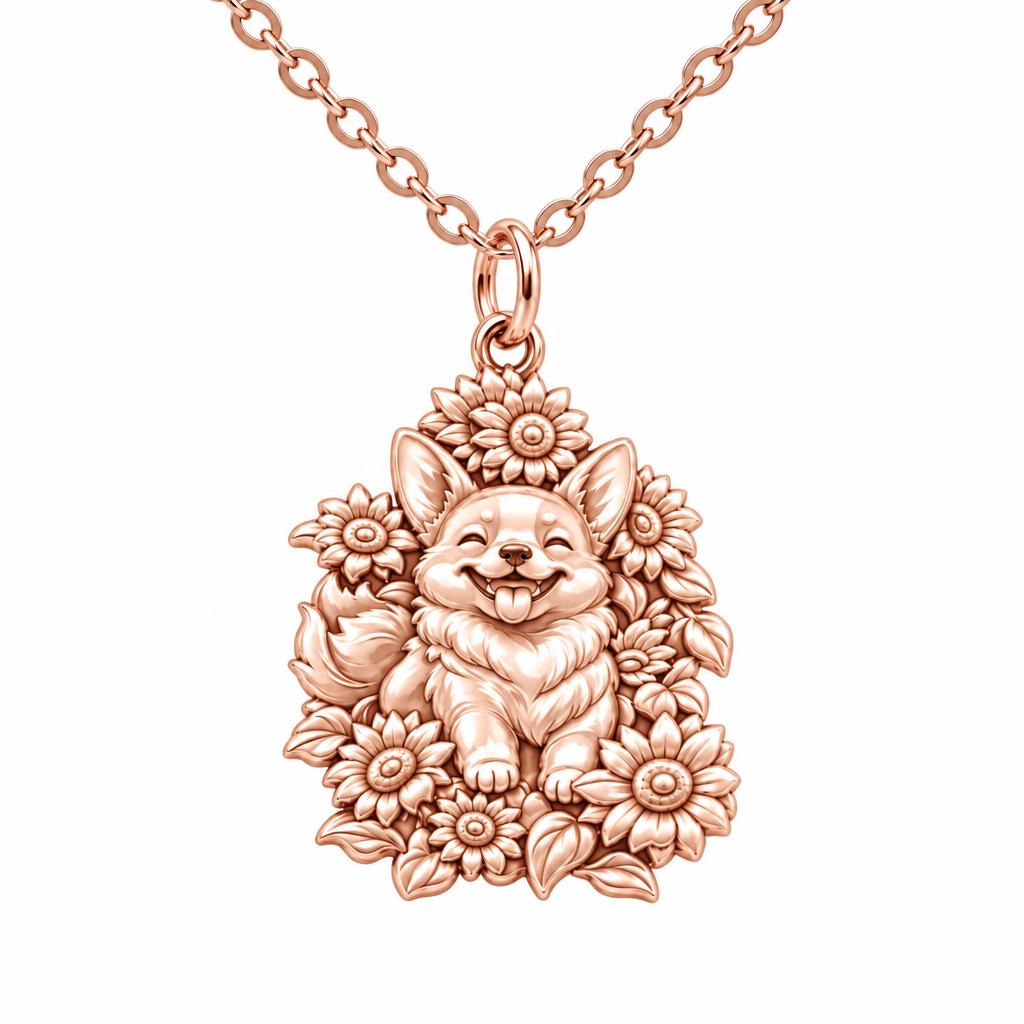 Happy Sunflower Corgi Charm Necklace Set – rose gold, front view
