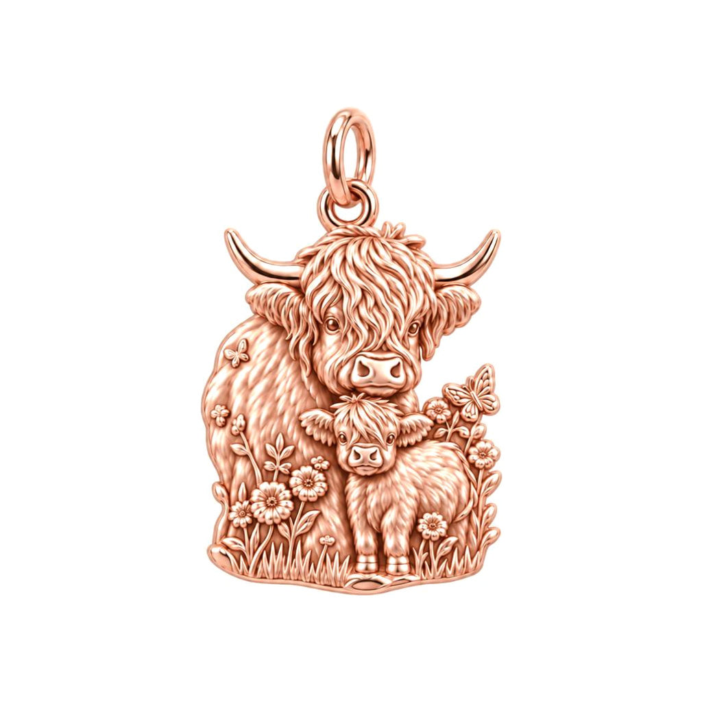 Highland Cow and Calf Charm Bracelet – Personalized Mom Gift – rose gold charm, front view