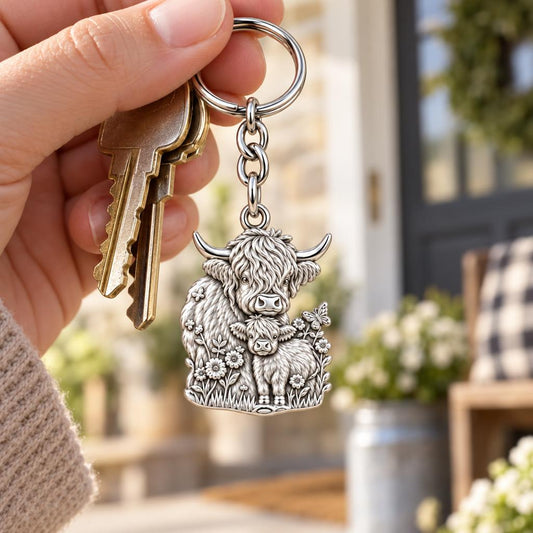 Highland Cow and Calf Charm Keychain – worn / in use