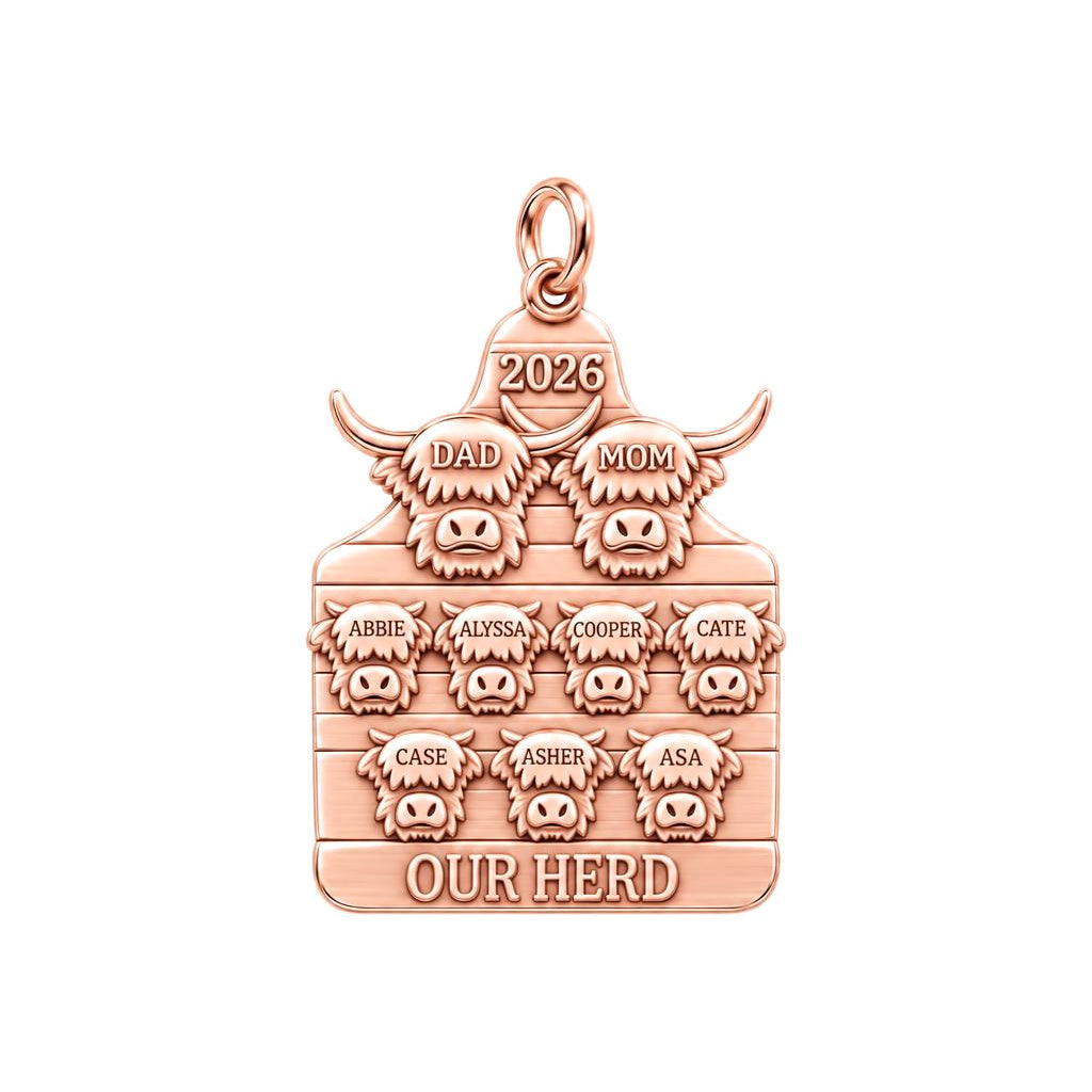 Highland Cow Family Herd Charm Bracelet – Personalized Mom Gift – rose gold 3 cm charm, front view