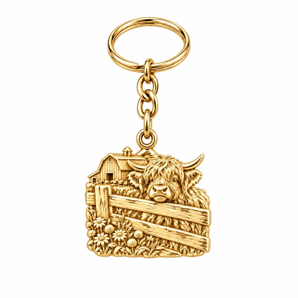 Highland Cow Farmstead Charm Keychain – 18K gold, front view