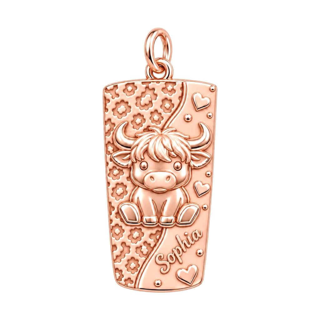 Highland Cow Wildflower Charm Bracelet – Personalized Mom Gift – rose gold charm, front view