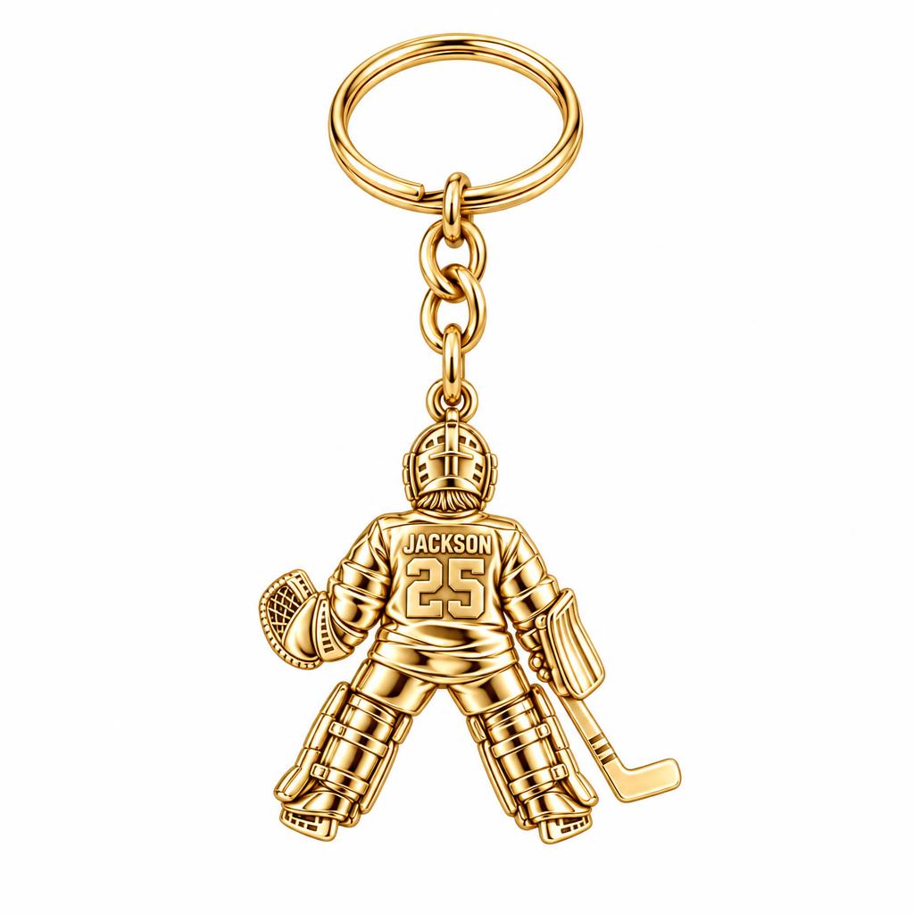 Hockey Goalie Stand Tall Charm Keychain – 18K gold, front view