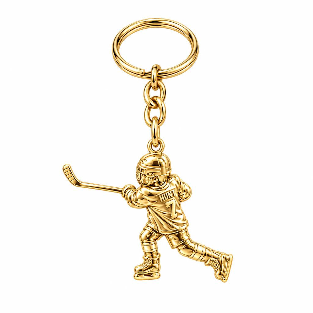 Hockey Star in Motion Charm Keychain – 18K gold, front view