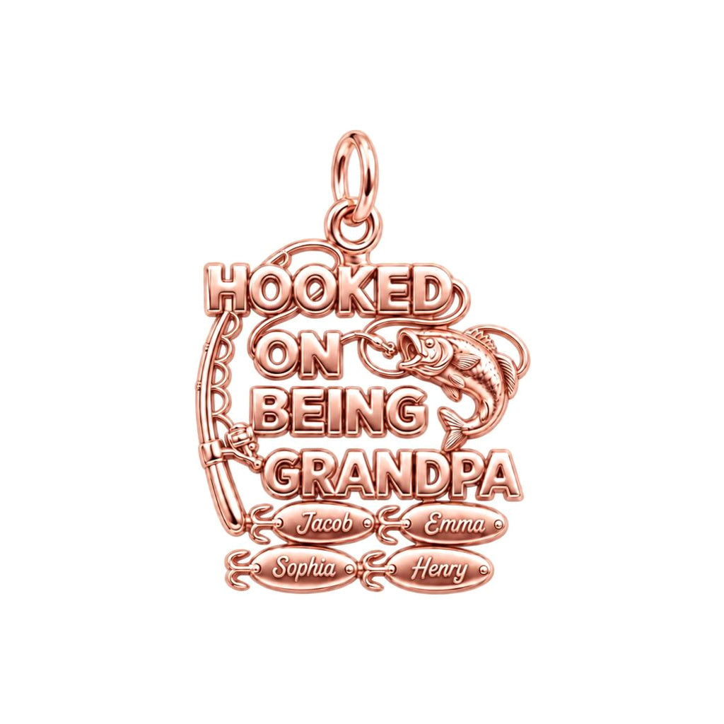 Hooked on Being Grandpa Charm Bracelet – Personalized Grandpa Gift – rose gold 3 cm charm, front view