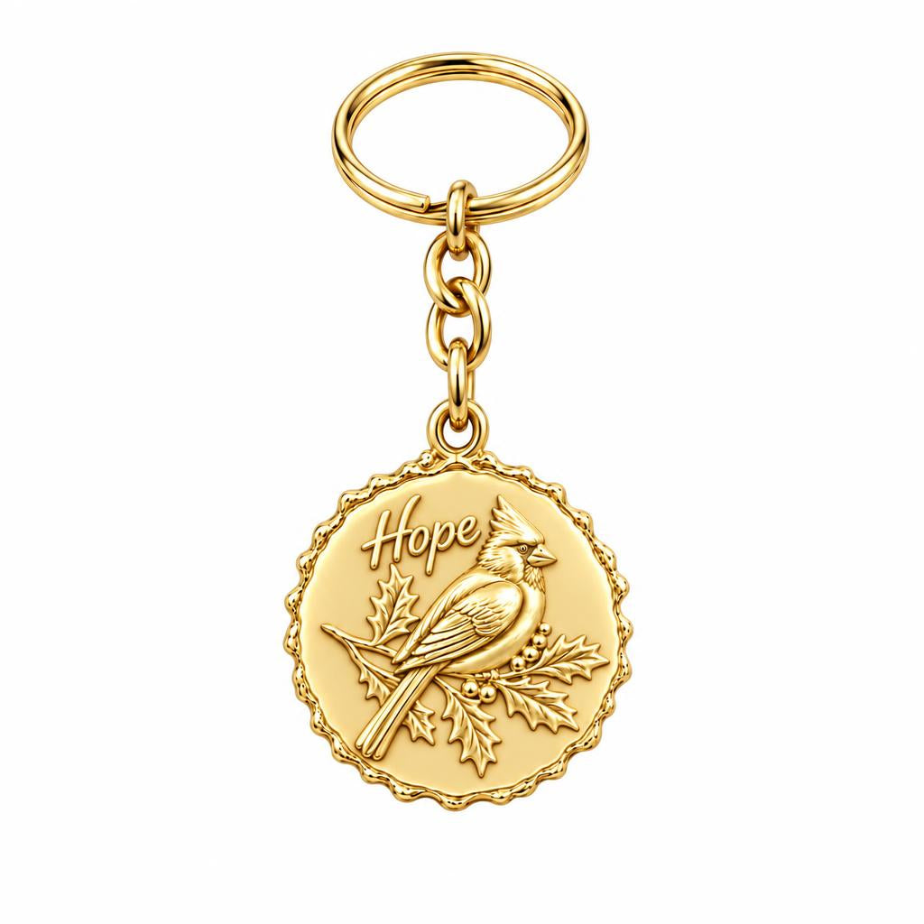 Hopeful Winter Cardinal Charm Keychain – 18K gold, front view