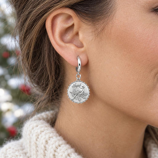 Hopeful Winter Cardinal Huggie Charm Earrings – worn / in use