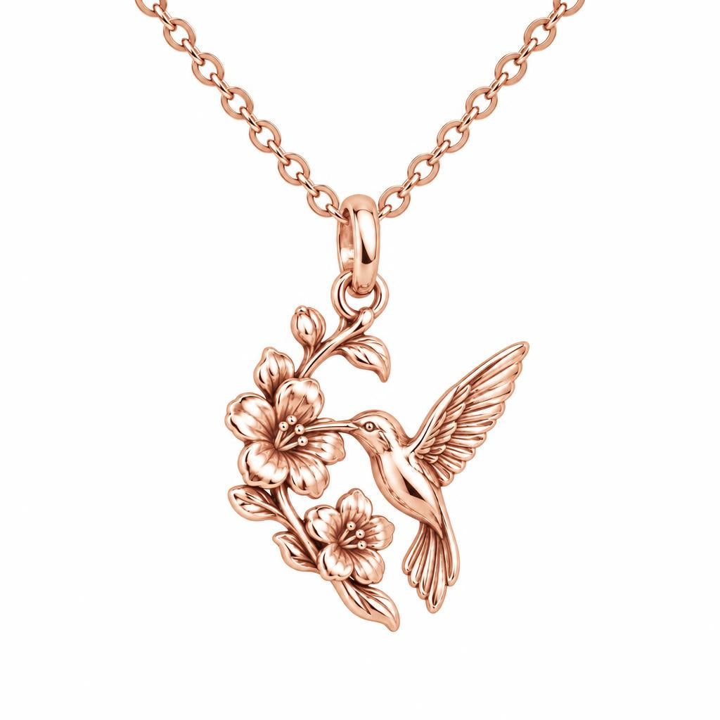 Hummingbird and Cherry Blossom Charm Necklace Set – rose gold, front view