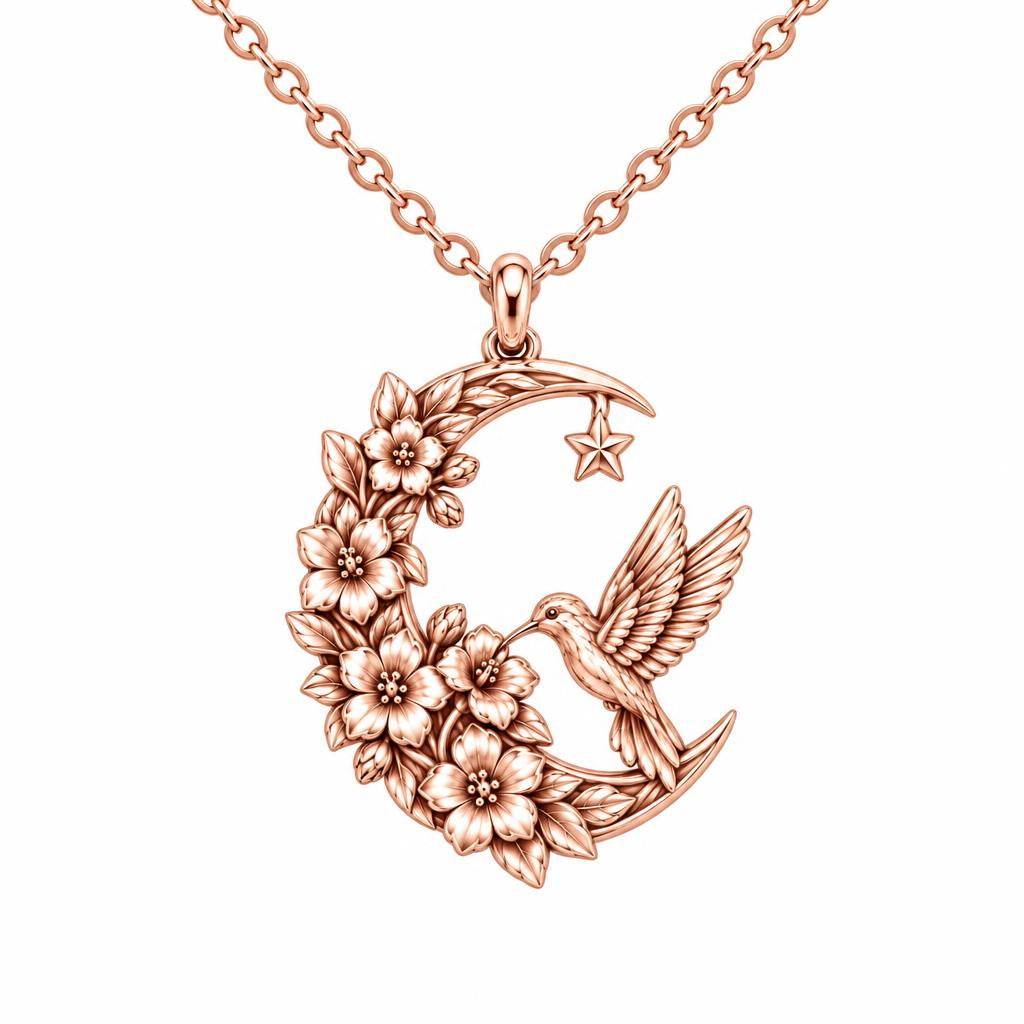 Hummingbird and Moon Blossom Charm Necklace Set – rose gold, front view
