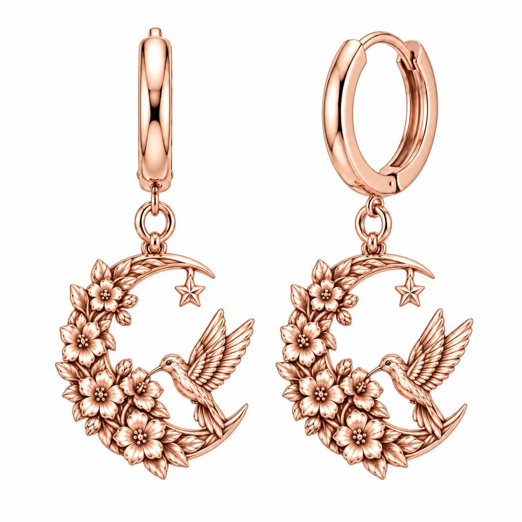 Hummingbird and Moon Blossom Huggie Charm Earrings – rose gold, front view