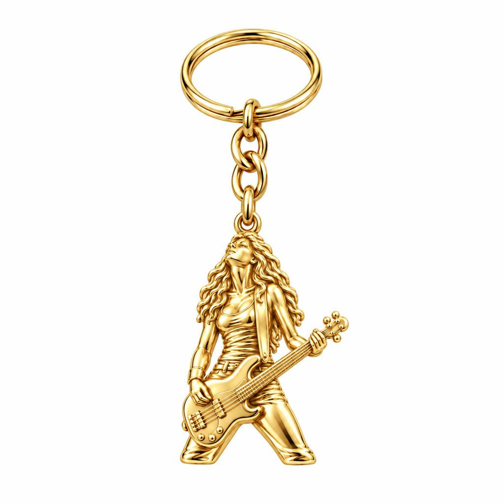 Immersed Bassist Under Amber Lights Charm Keychain – 18K gold, front view