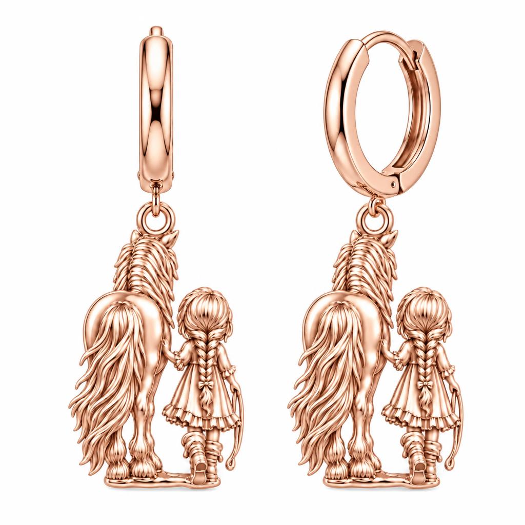 Kindred Spirits Horse and Girl Huggie Charm Earrings – rose gold, front view