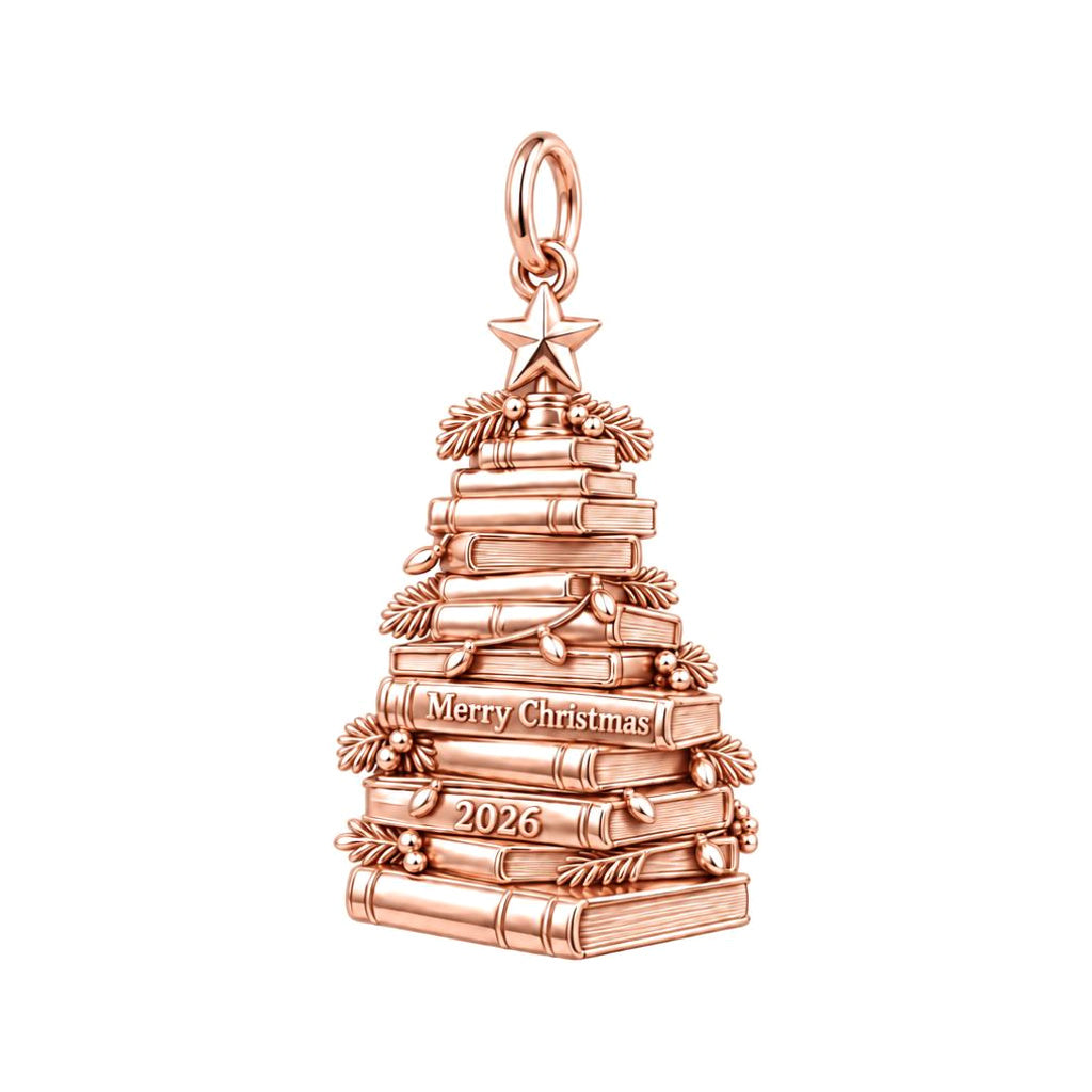 Literary Christmas Tree Charm Bracelet – Personalized Book Mom Gift – rose gold charm, front view
