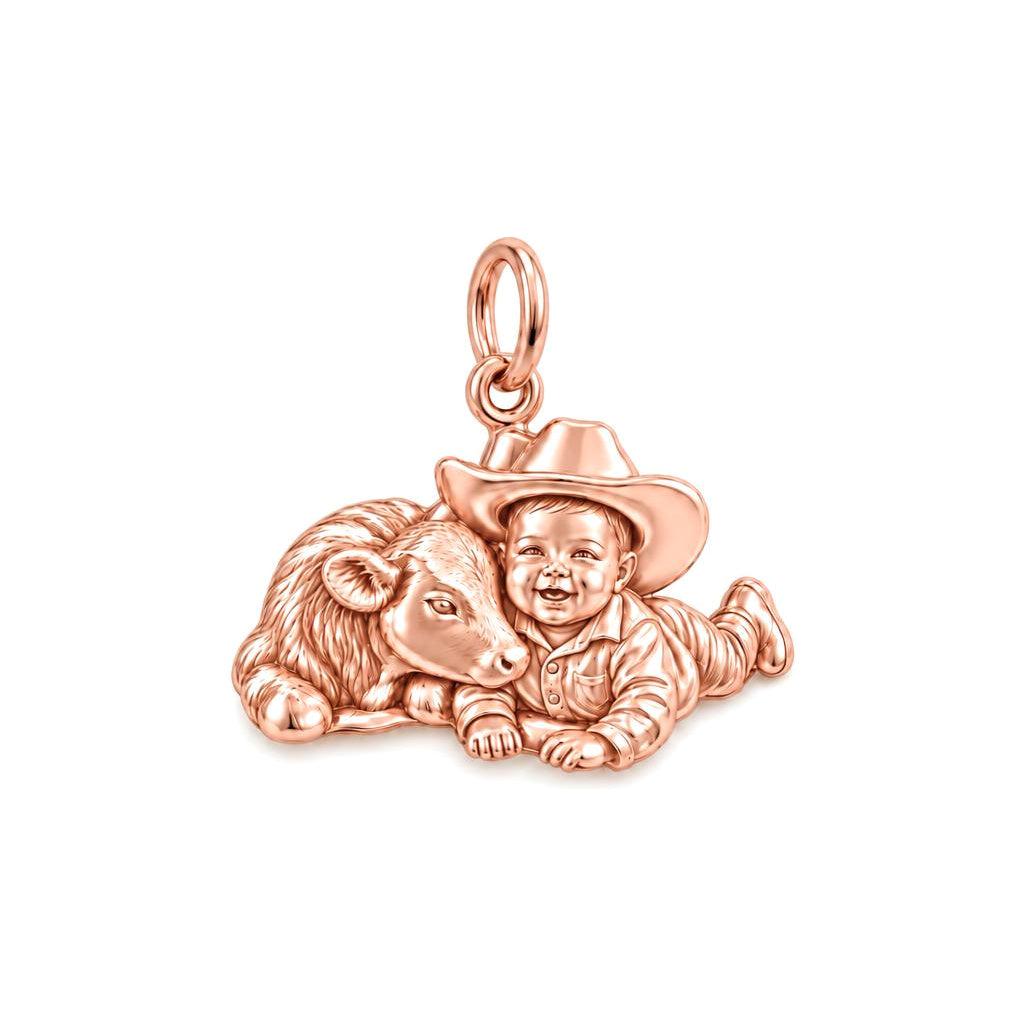 Little Cowboy and Calf Charm Bracelet – Personalized Baby Gift – rose gold charm, front view