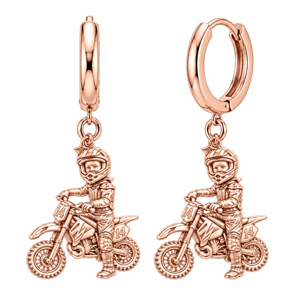Little Motocross Hero Huggie Charm Earrings – rose gold, front view