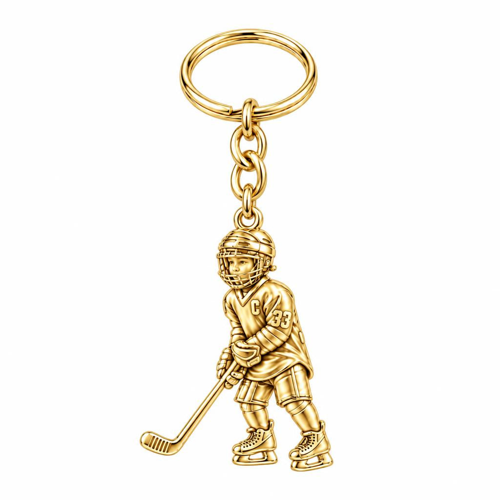 Little MVP Hockey Player Charm Keychain – 18K gold, front view
