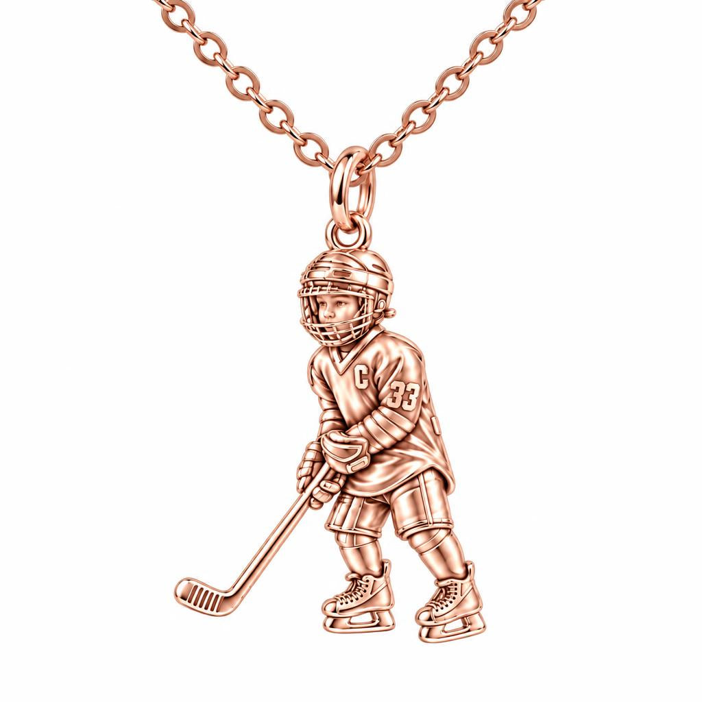 Little MVP Hockey Player Charm Necklace Set – rose gold, front view