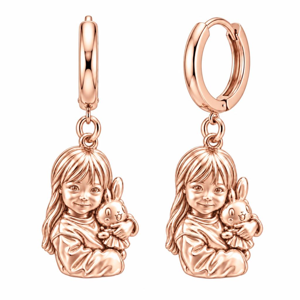 Little One with Bunny Huggie Charm Earrings – rose gold, front view
