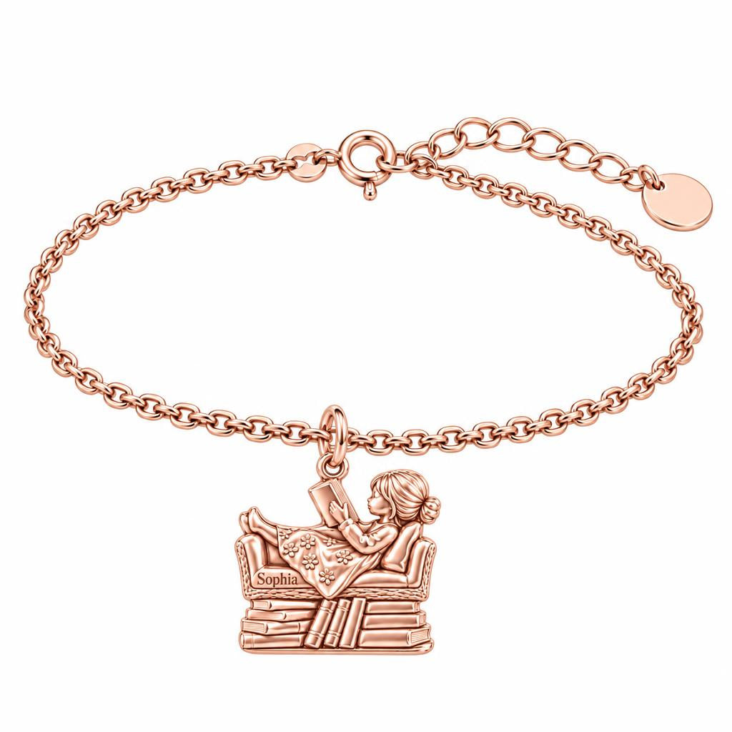 Little Reader on Book Stack Charm Bracelet Set – rose gold, front view