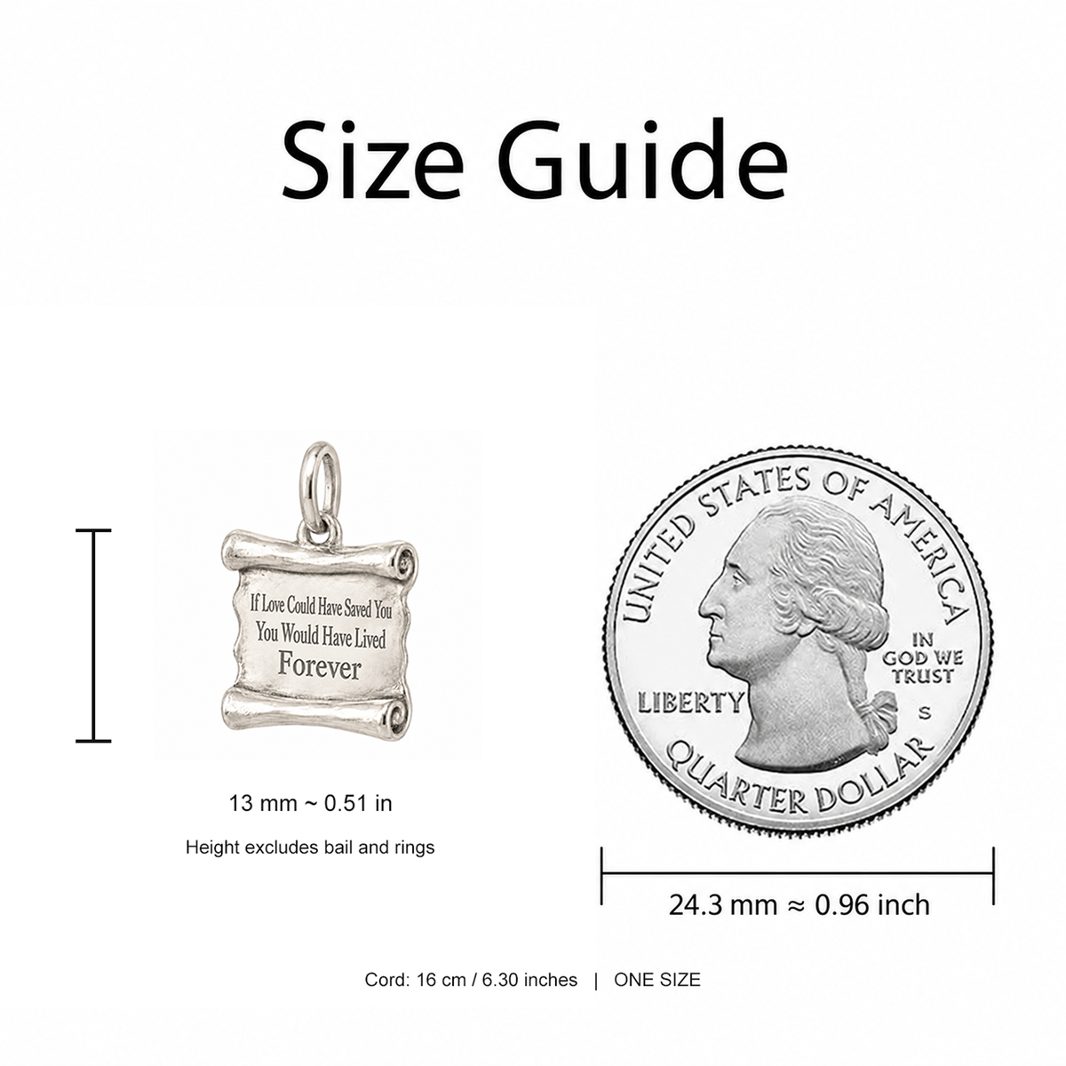 Love Would Have Saved You Charm | Size Guide | 13 mm body vs 24.3 mm quarter