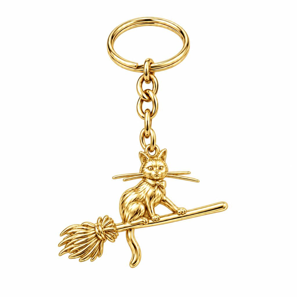 Midnight Flight Cat Charm Keychain – 18K gold, front view