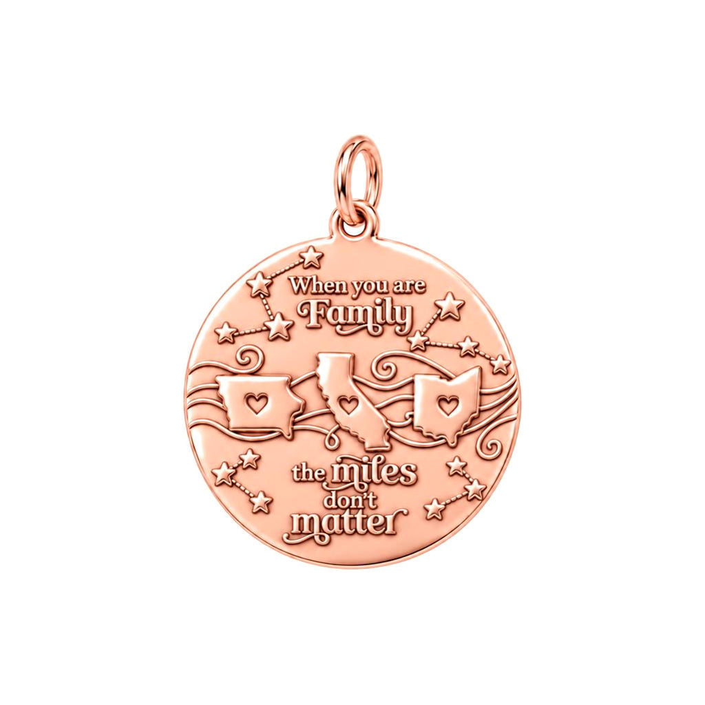 Miles Don't Matter Charm Bracelet – Personalized Family Gift – rose gold 3 cm charm, front view