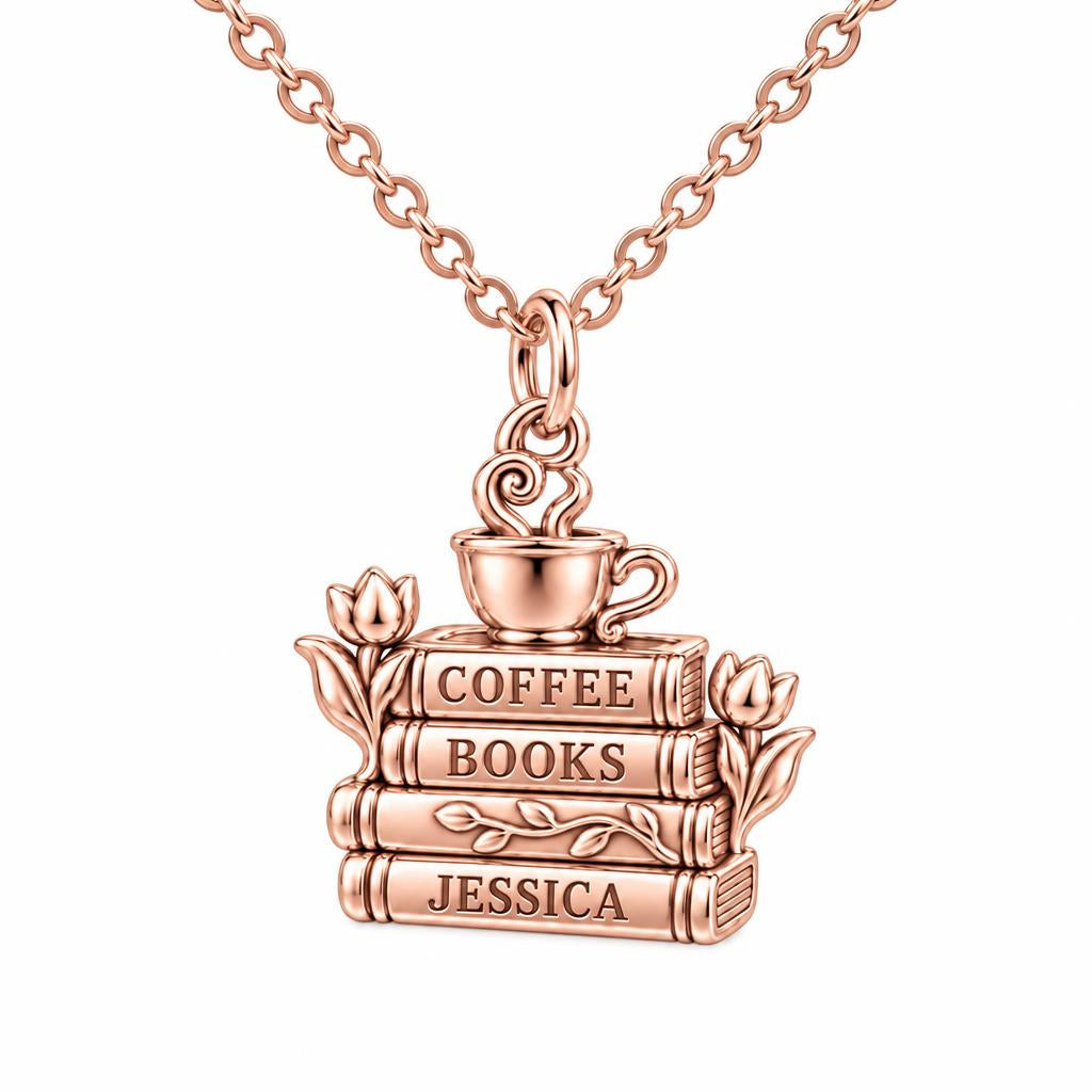 Morning Ritual Books and Coffee Charm Necklace Set – rose gold, front view