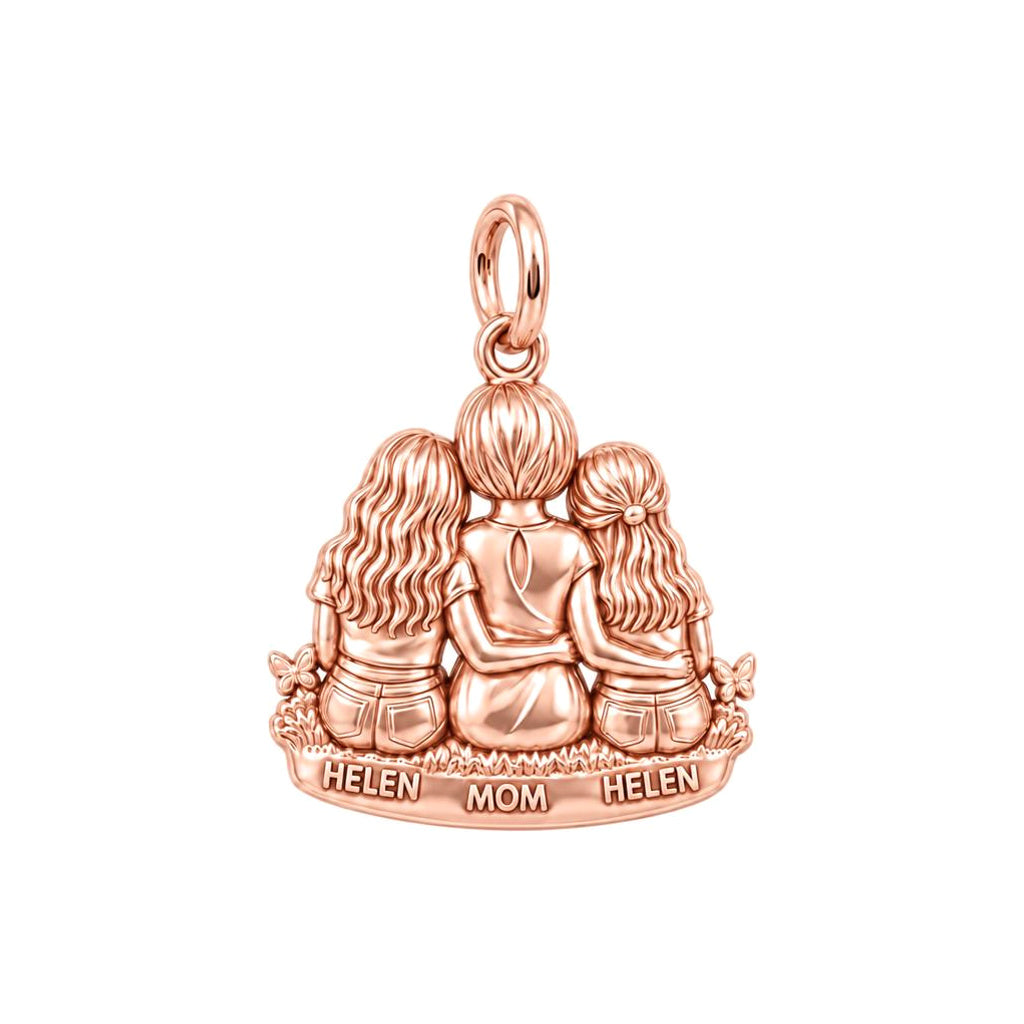 Mother and Daughters Hug Charm Bracelet – Personalized Mom Gift – rose gold 3 cm charm, front view