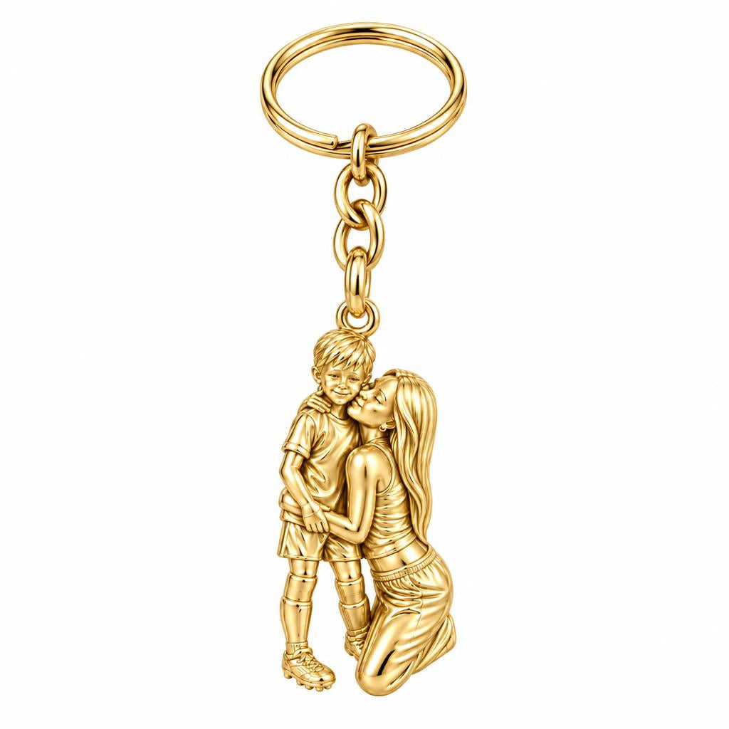 Mother and Son Embrace Charm Keychain – 18K gold, front view