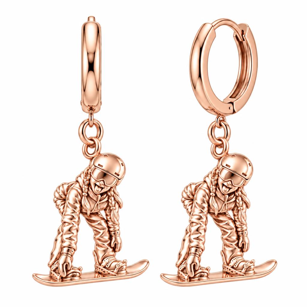 Mountain Bound Snowboarder Huggie Charm Earrings – rose gold, front view