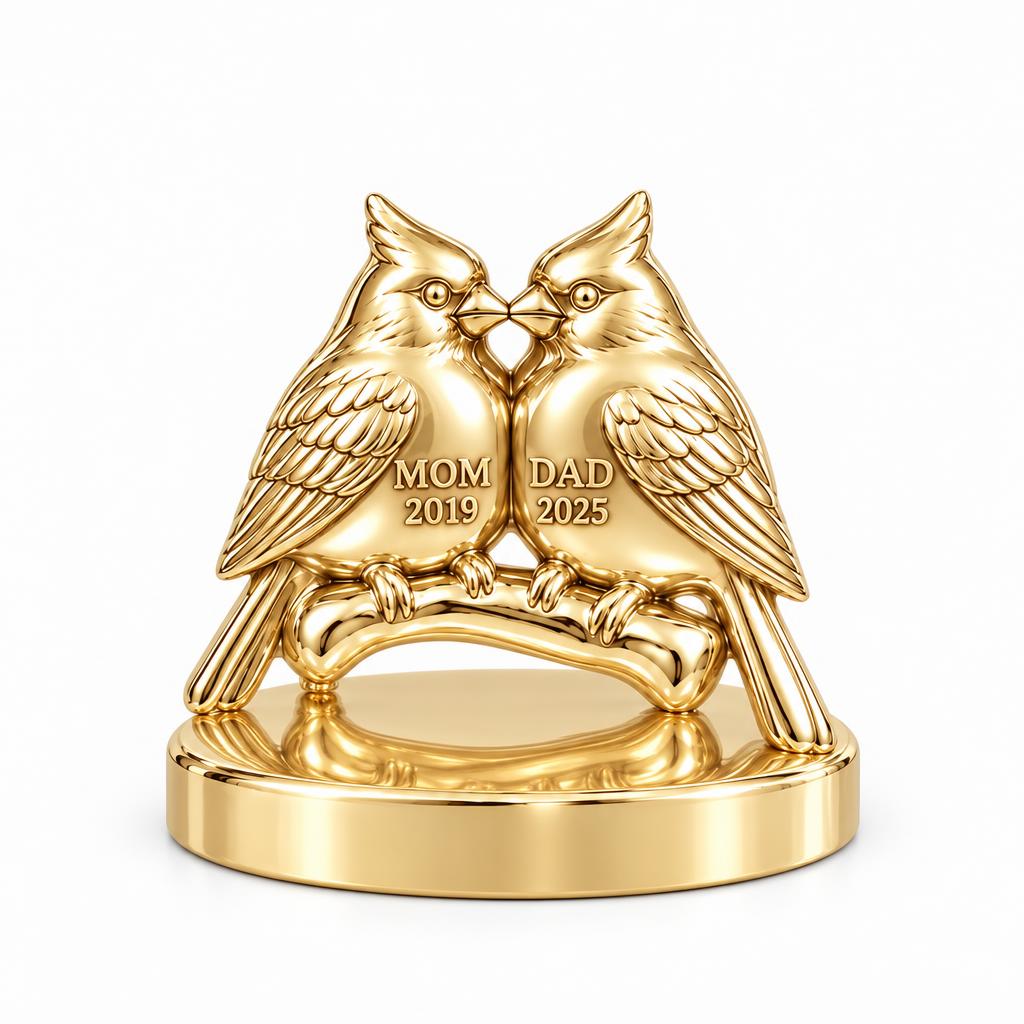 Pair of Cardinals on a Branch Keepsake Plaque – 18K gold, front view